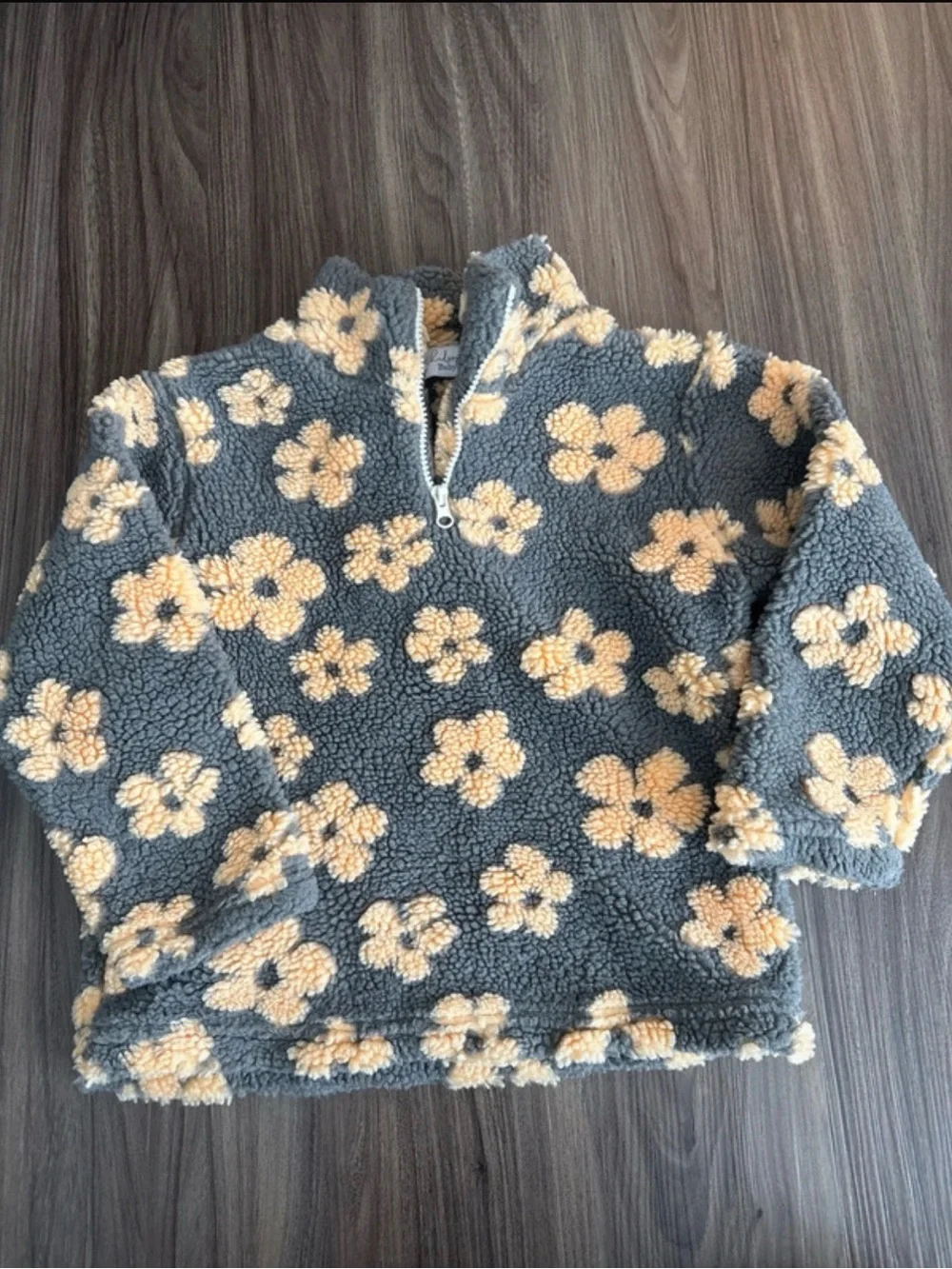 Girls size 5/6T Gray & Peach Floral Sherpa Quarter-Zip Pullover by Hudson Baby